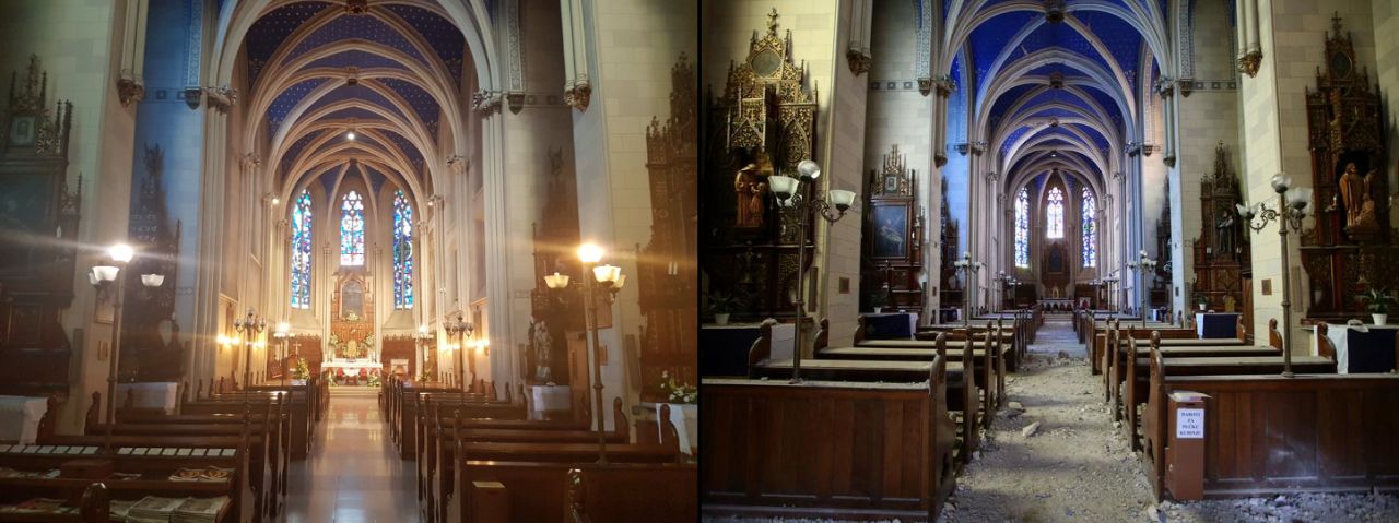 Crkva sv. Franje Asiškoga, unutrašnjost prije i poslije potresa u ožujku 2020. godine